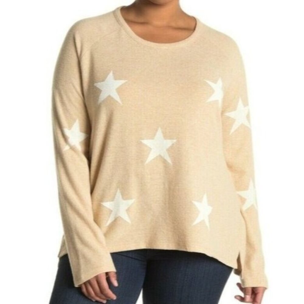Sweet Romeo Womens Top Medium Oatmeal White Star Print Soft Knit Hi-Low BOHO